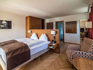 Modern hotel bedroom with a double bed, wooden headboard, patterned armchair, and large mirror by the window, true}{
