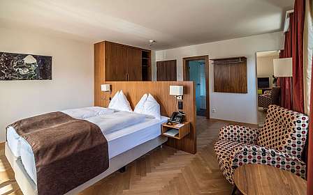 Modernes Hotelzimmer mit Doppelbett, Holzverkleidung, Sessel mit Muster und Fenster mit Vorhängen, content_suitable:true