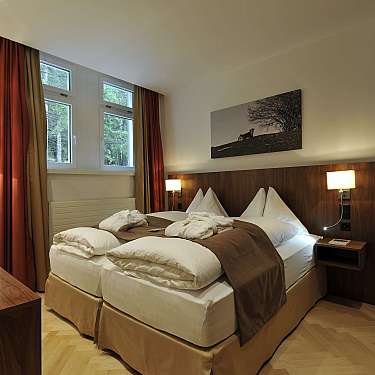 Gemütliches Hotelzimmer mit Doppelbett, Nachttischen, Lampe, Fenster und Holzmöbeln. Im Raum stehen ein Fernseher und gefaltete Handtücher auf dem Bett, an der Wand hängt ein Landschaftsbild mit Tiermotiv, content_suitable:true