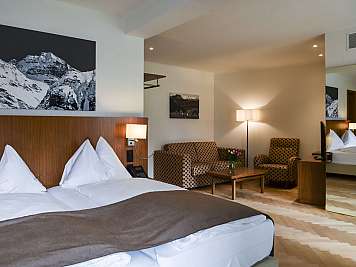 Modernes Hotelzimmer mit Doppelbett, Sesselgruppe, Stehlampe und Bergfoto an der Wand. Das Zimmer ist hell und schlicht eingerichtet mit Holzdetails und Spiegel.