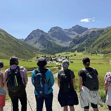 Sechs Wandernde mit Rucksäcken blicken auf ein grünes Tal mit Berggipfeln.