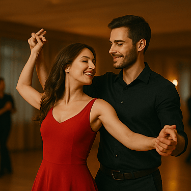 Smiling couple dancing in a warmly lit ballroom, with other dancers blurred in the background.
