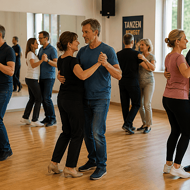Several couples practice ballroom dancing in a bright studio with mirrors and windows.