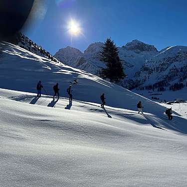 Mehrere Wanderer gehen mit Stöcken durch eine verschneite Berglandschaft bei Sonnenschein.