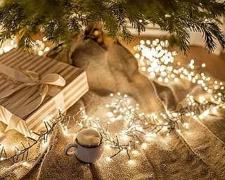 Verpacktes Geschenk, Tasse und Lichterketten unter einem geschmückten Tannenbaum.