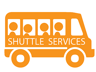 Symbol of an orange shuttle bus with four passengers and text Shuttle Services